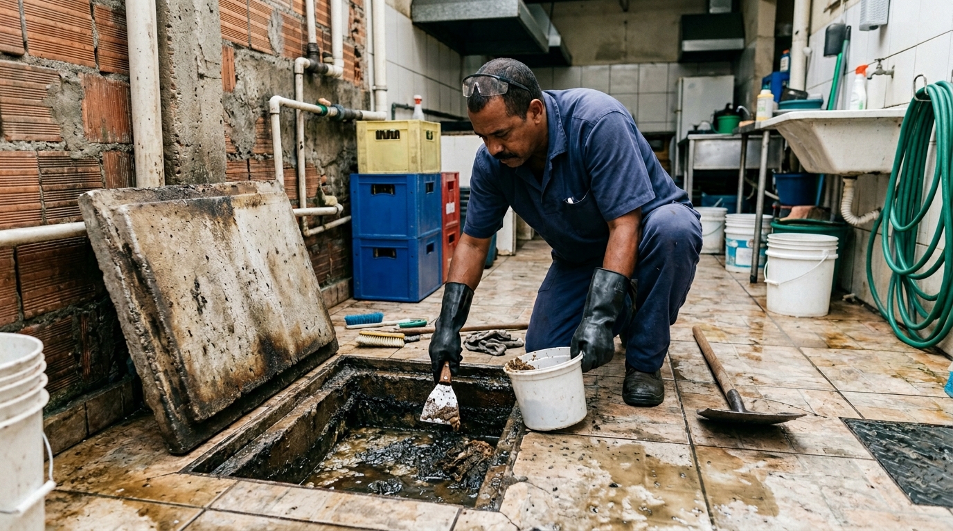 Limpeza de caixa de gordura residencial em Mogi das Cruzes-SP